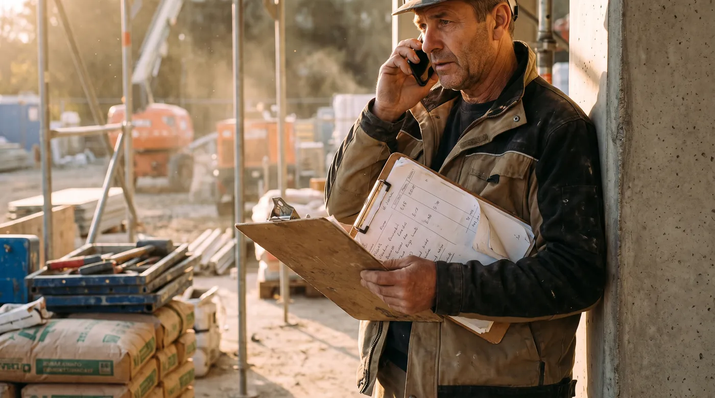 Chef d'entreprise du bâtiment rappelant d'anciens clients au téléphone sur un chantier