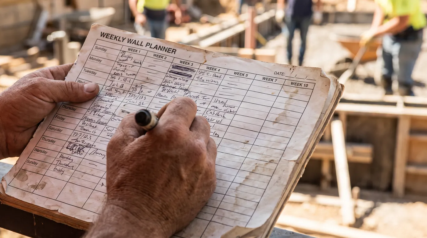 Professionnel du bâtiment remplissant son planning de chantiers semaine après semaine