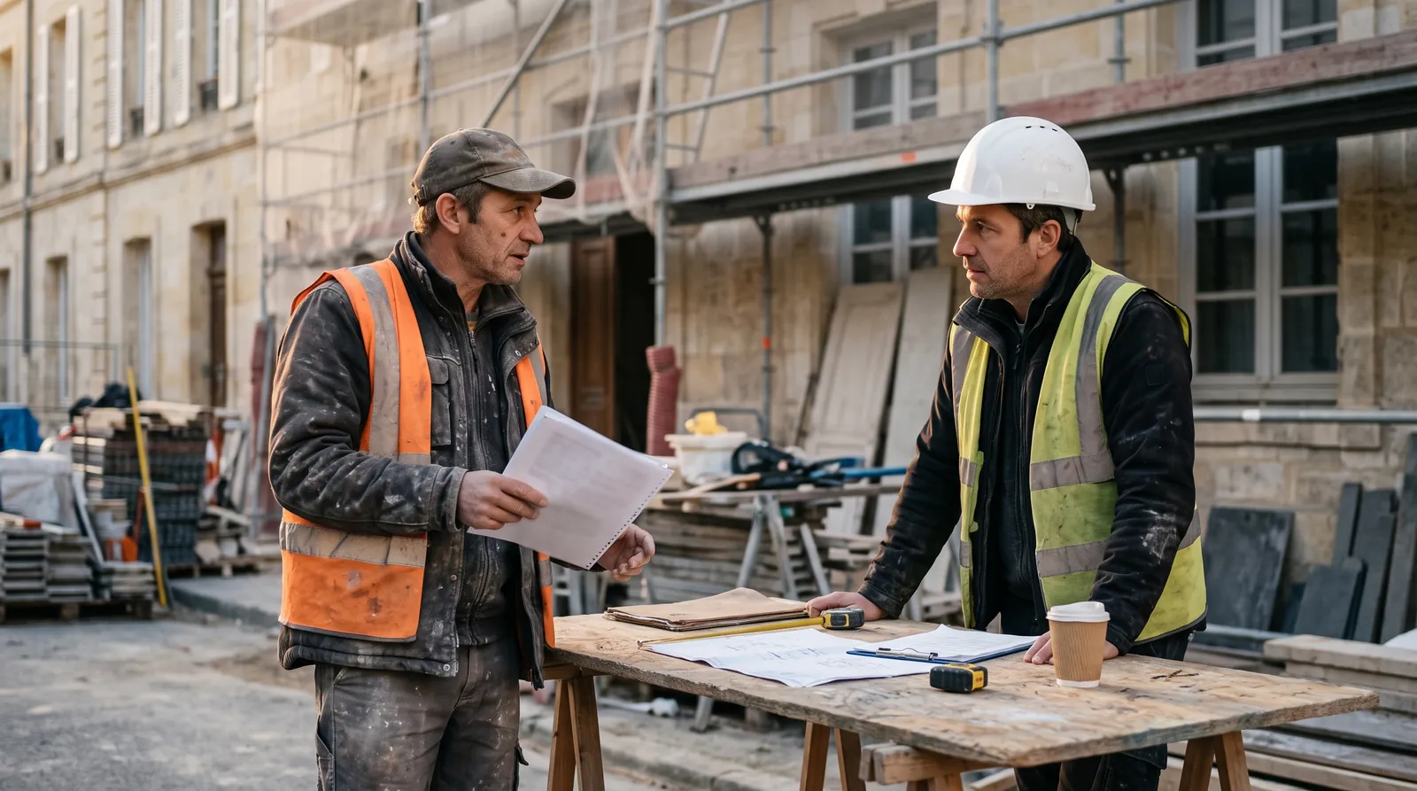 Sous-traitant et conducteur de travaux de l'entreprise principale discutant d'un contrat de sous-traitance BTP sur un chantier