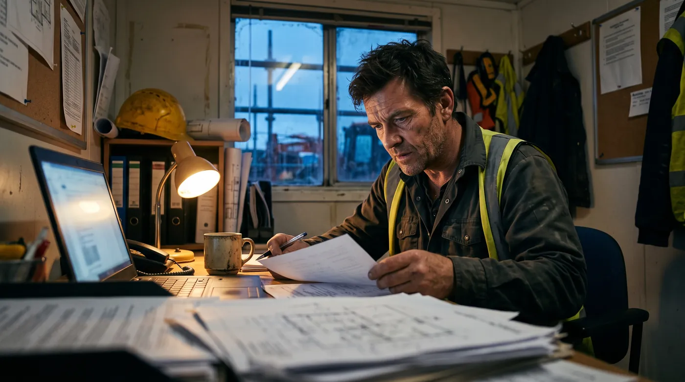 Chef d'entreprise du bâtiment vérifiant ses factures le soir dans son bureau de chantier