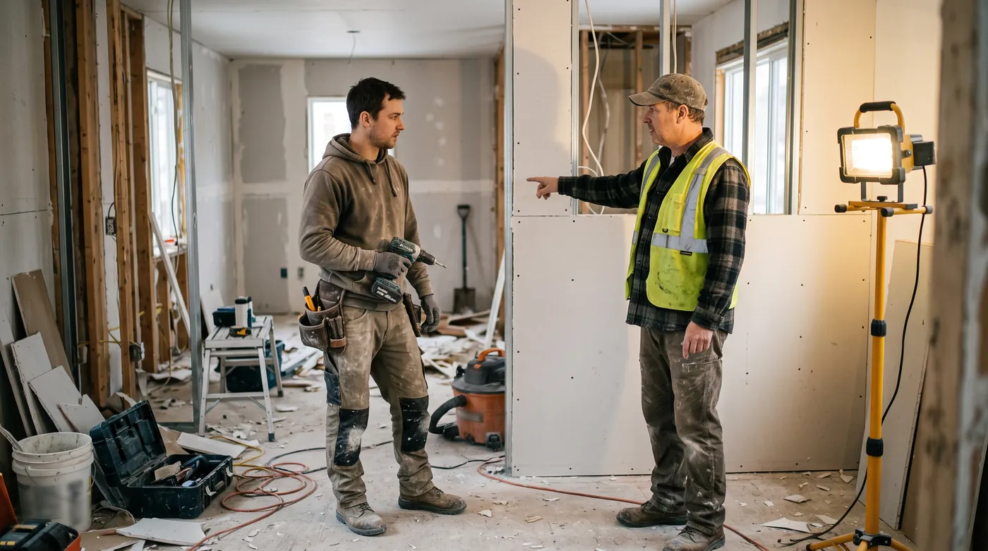 Conducteur de travaux montrant une cloison à reprendre à un ouvrier sur un chantier de rénovation