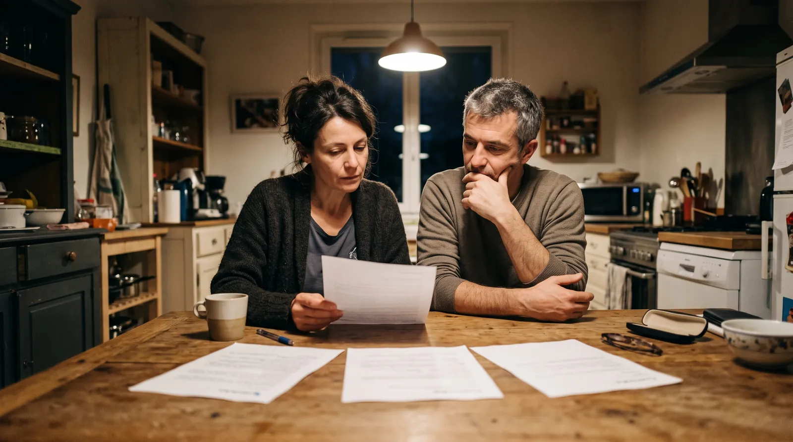 Couple comparant trois devis BTP à la table de la cuisine