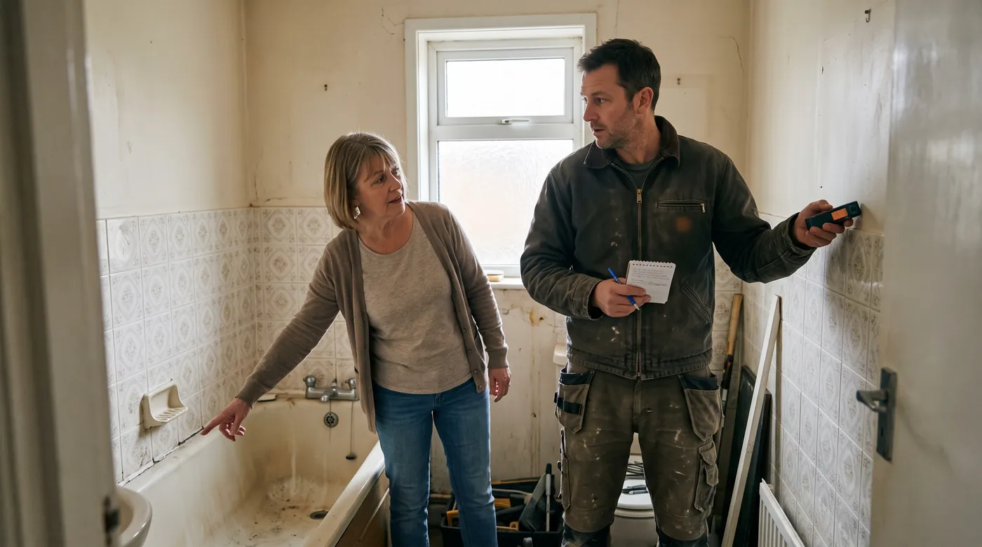 Professionnel du bâtiment prenant les mesures d'une salle de bain à rénover avec la propriétaire