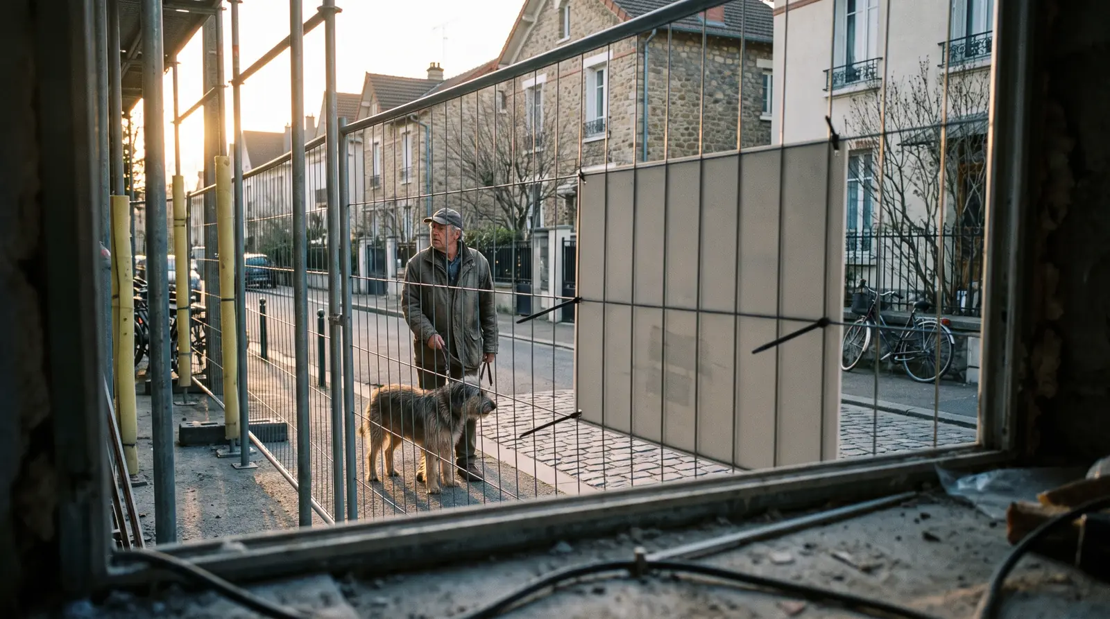 Voisin promenant son chien, arrêté devant la clôture d'un chantier de rénovation où est fixé un panneau de chantier publicitaire