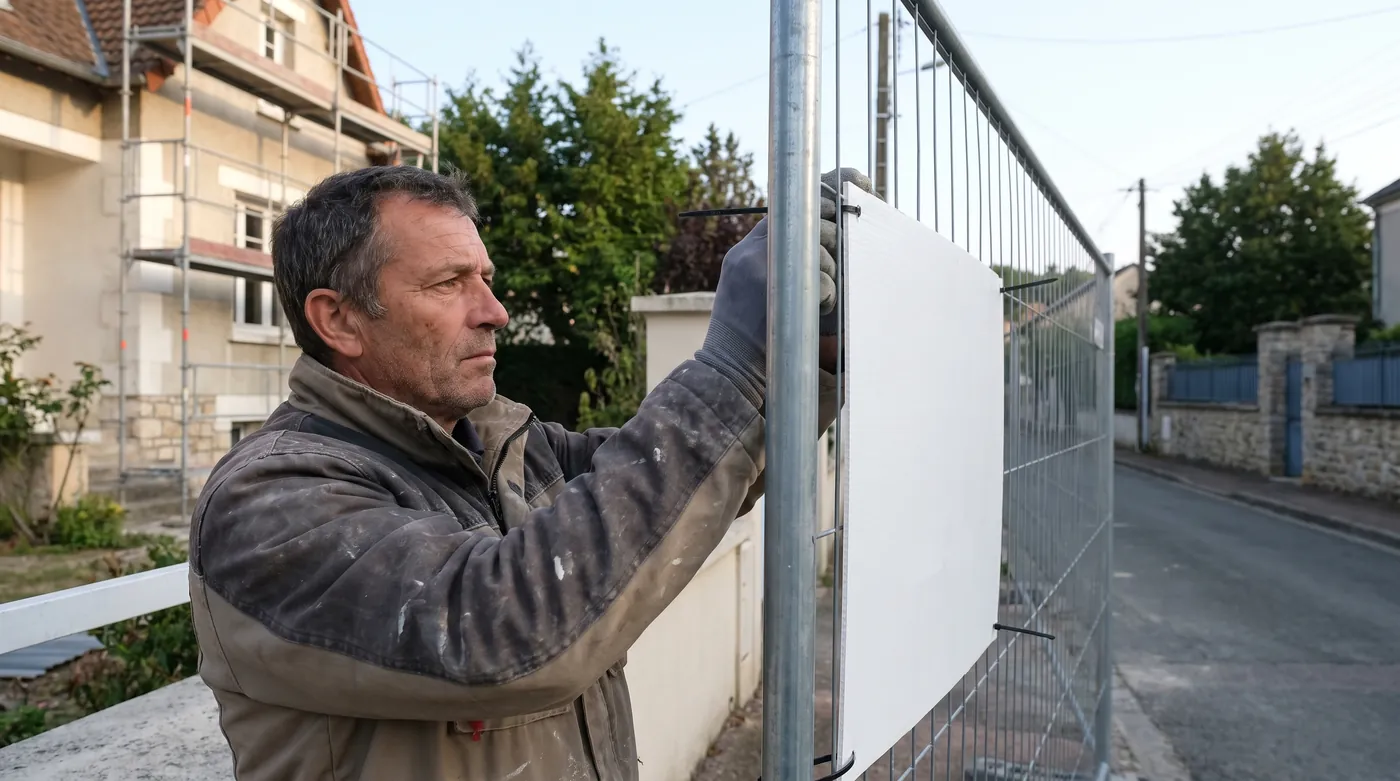 Professionnel du bâtiment fixant un panneau sur la clôture d'un chantier avec des colliers de serrage, côté rue
