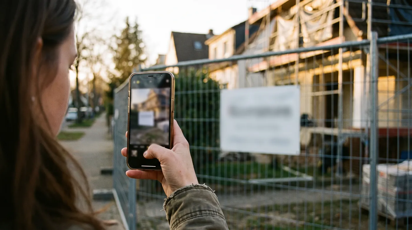 Passante scannant avec son smartphone le QR code d'un panneau fixé sur la clôture d'un chantier de rénovation