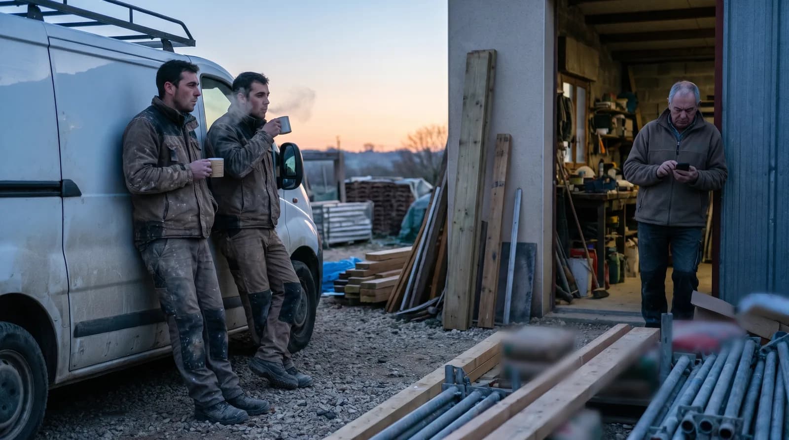 Planning de chantier vide un lundi matin : deux compagnons attendent devant le fourgon, le dirigeant regarde son téléphone