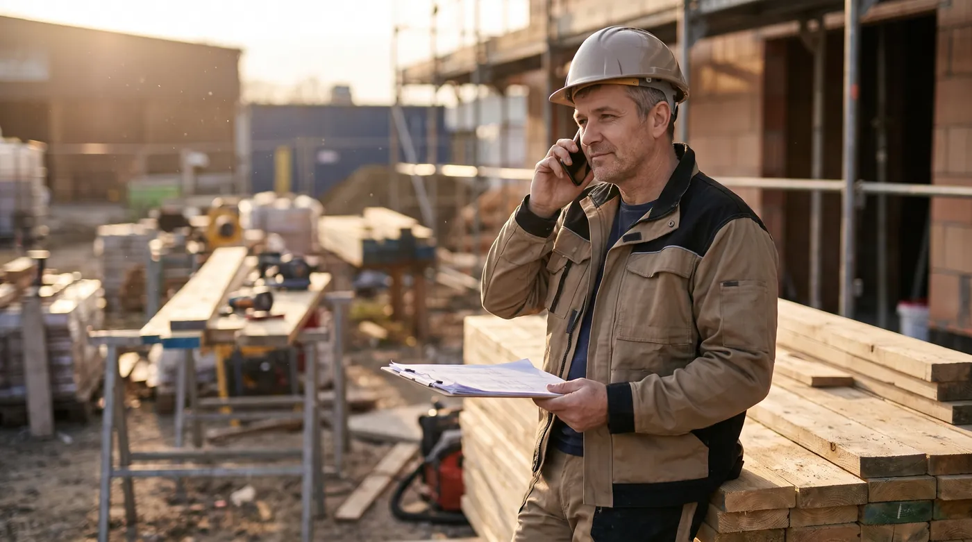 Chef d'entreprise du bâtiment relançant un prospect au téléphone sur un chantier