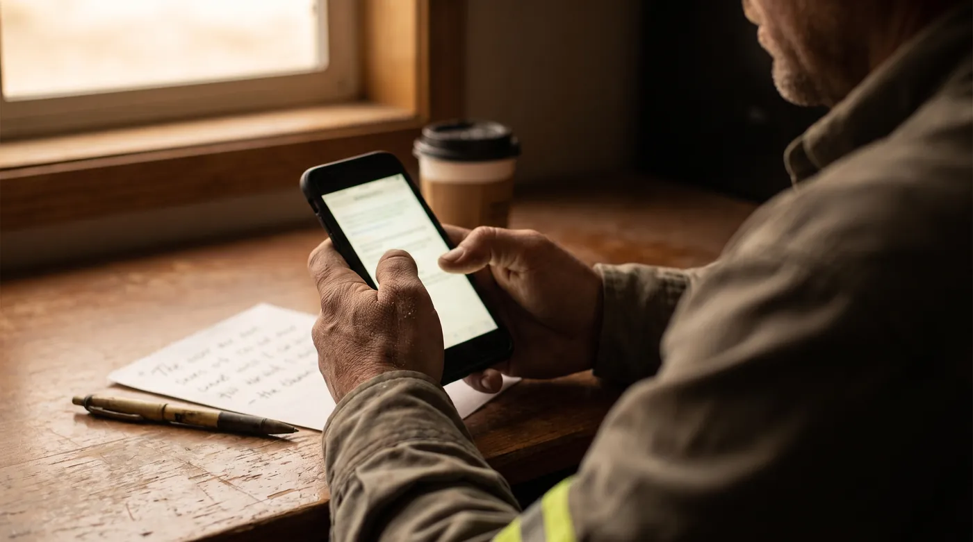 Professionnel du bâtiment envoyant un message de confirmation sur son smartphone juste après l'envoi d'un devis