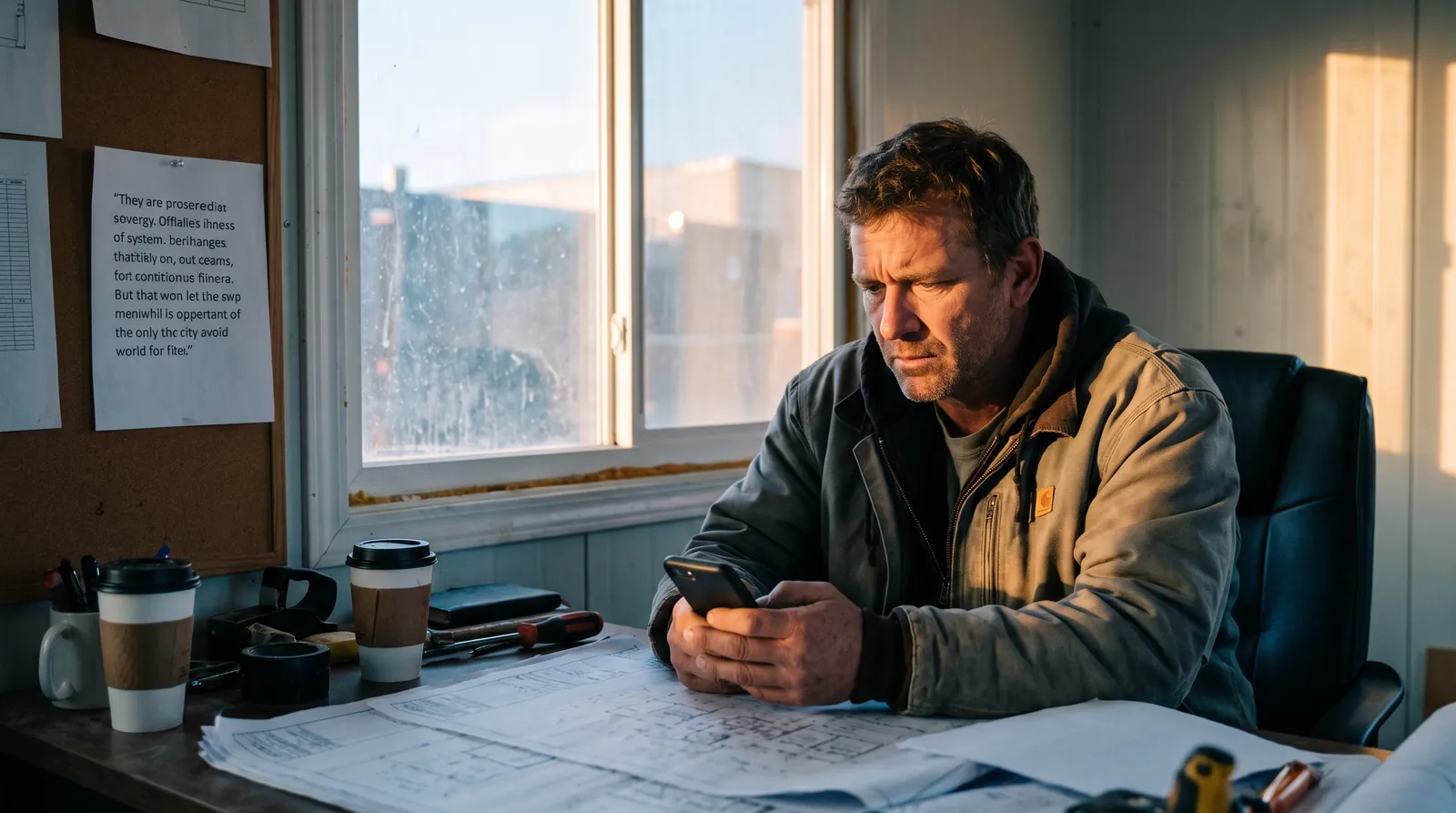 Chef d'entreprise du bâtiment attendant la réponse d'un prospect après l'envoi d'un devis — relance de devis dans le bâtiment