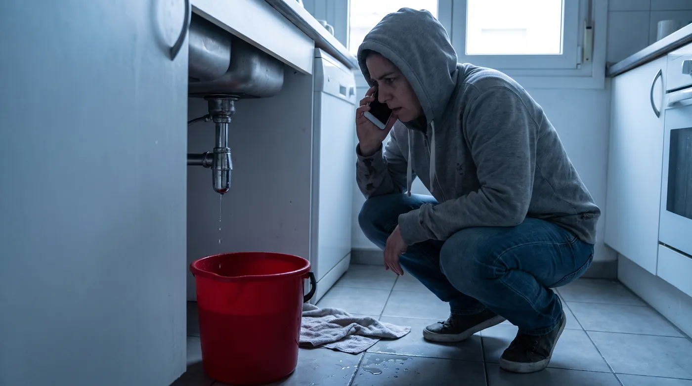 Particulier cherchant un plombier en urgence sur son smartphone près d'une fuite d'eau