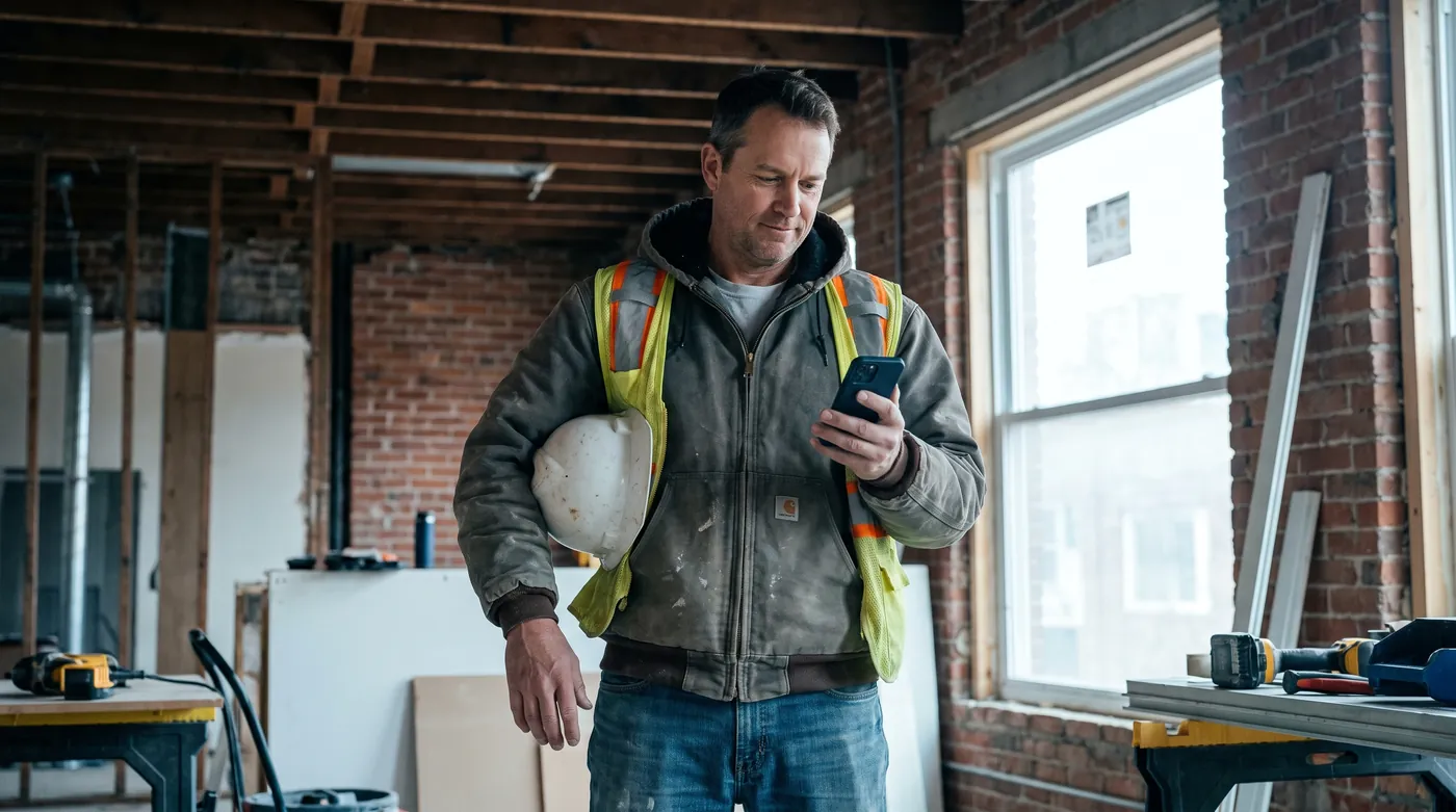 Professionnel du bâtiment rappelant un prospect au téléphone depuis un chantier en rénovation