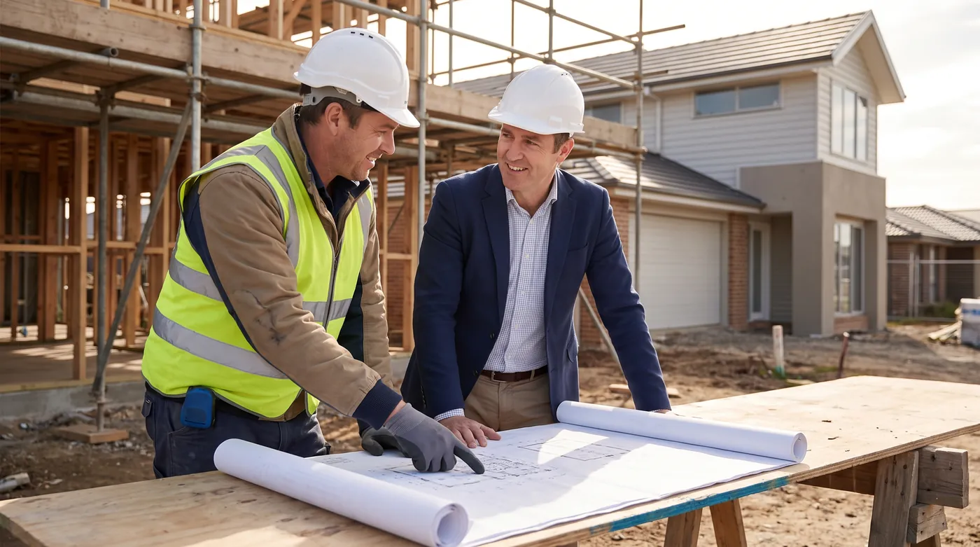 Professionnel du bâtiment et architecte étudiant des plans de maison sur un chantier