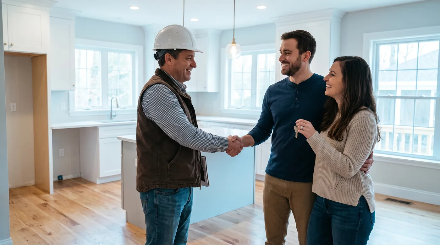 Professionnel du bâtiment remettant les clés à un couple de propriétaires dans un intérieur rénové