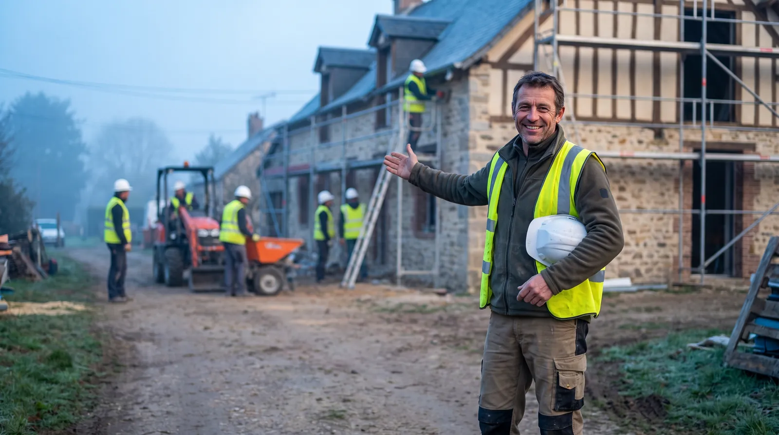 Chef d'entreprise du bâtiment confiant sur un chantier de rénovation — trouver des chantiers