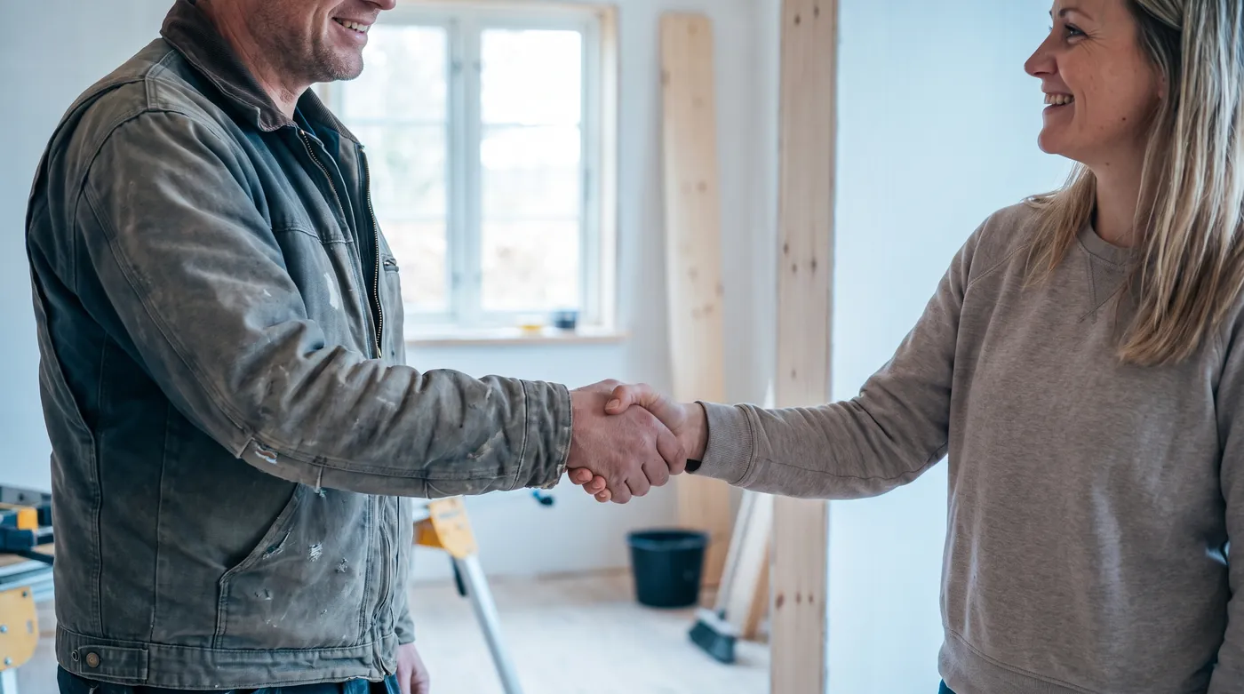 Poignée de main de confiance entre un professionnel du bâtiment et un propriétaire dans une maison