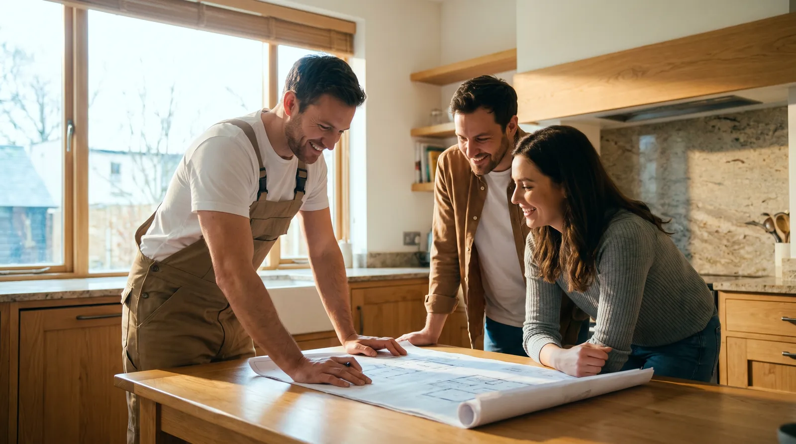 Professionnel du bâtiment expliquant un projet à un couple de propriétaires chez eux — trouver des chantiers chez des particuliers