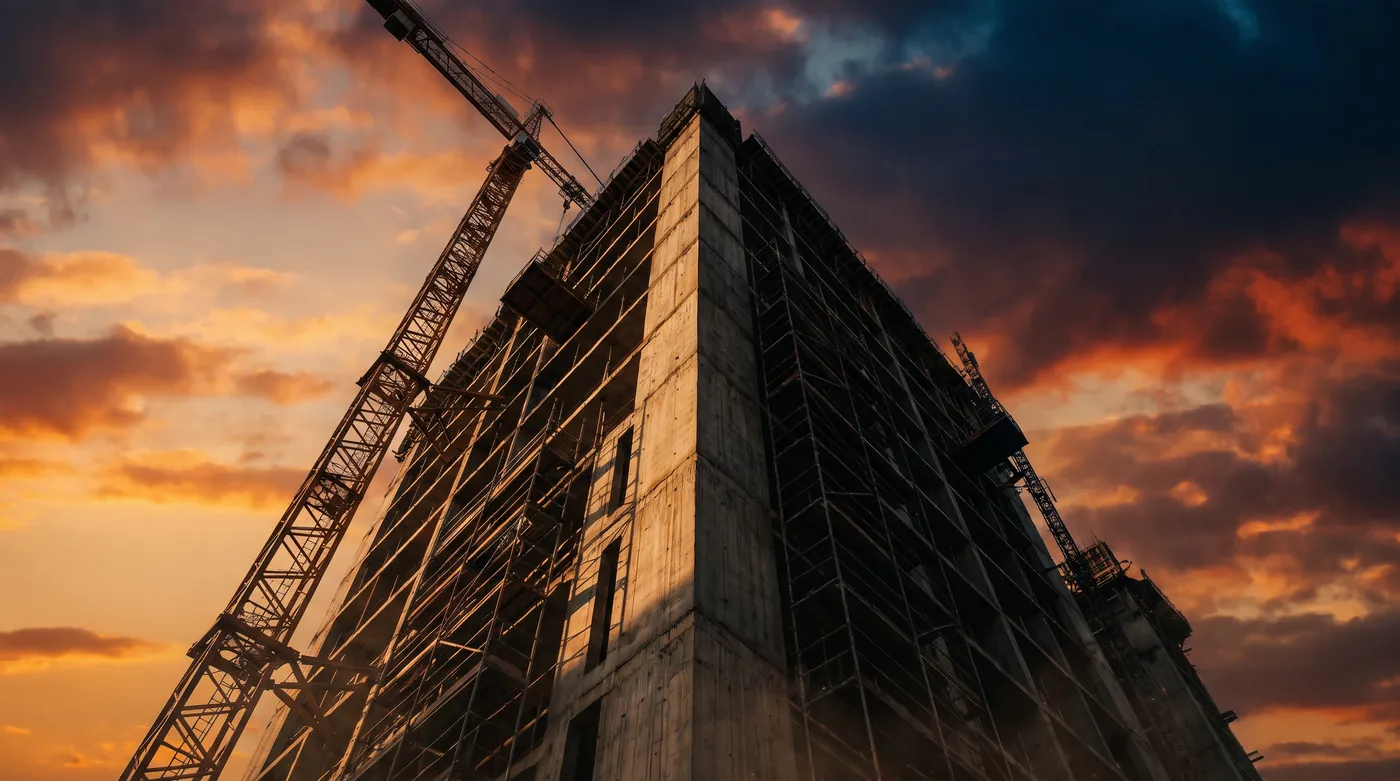 Immeuble en construction (gros œuvre, grue, échafaudages), type de chantier distribué en sous-traitance