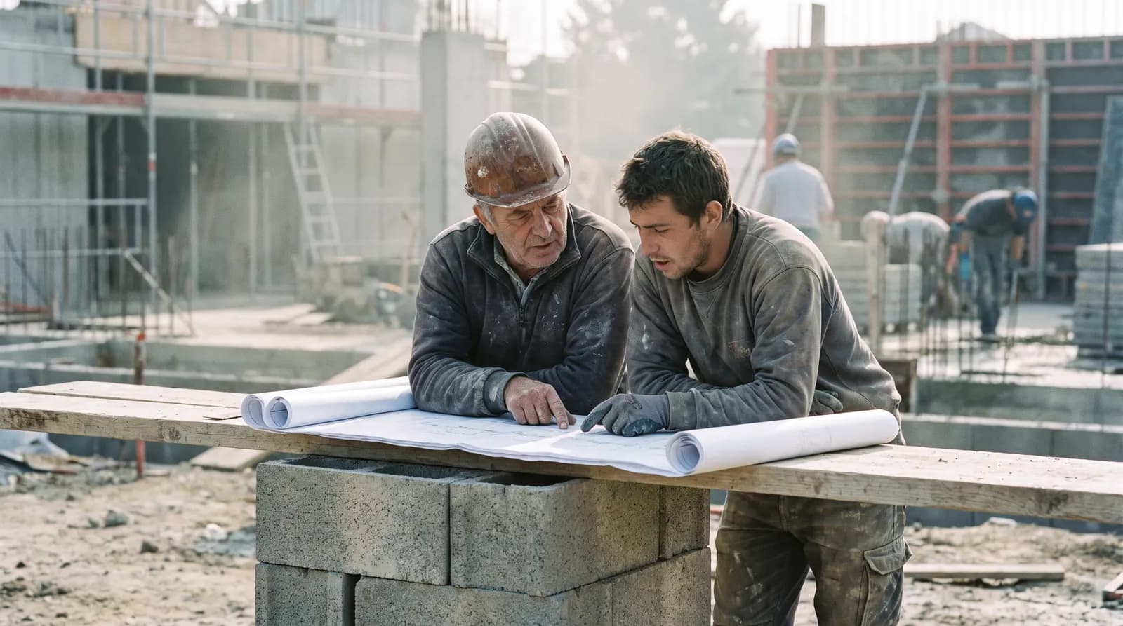Chef de chantier et sous-traitant du bâtiment étudiant des plans sur un chantier — trouver des chantiers en sous-traitance